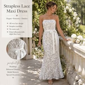 Women's Strapless Lace Maxi Dress White Bridal Wedding Rehearsal Gown Event